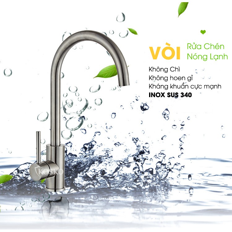 Vòi rửa bát nóng lạnh Kosko inox 304 (Tặng 2 dây cấp) tròn nóng lạnh, vòi rửa chén, vòi rửa chén nóng lạnh tăng áp