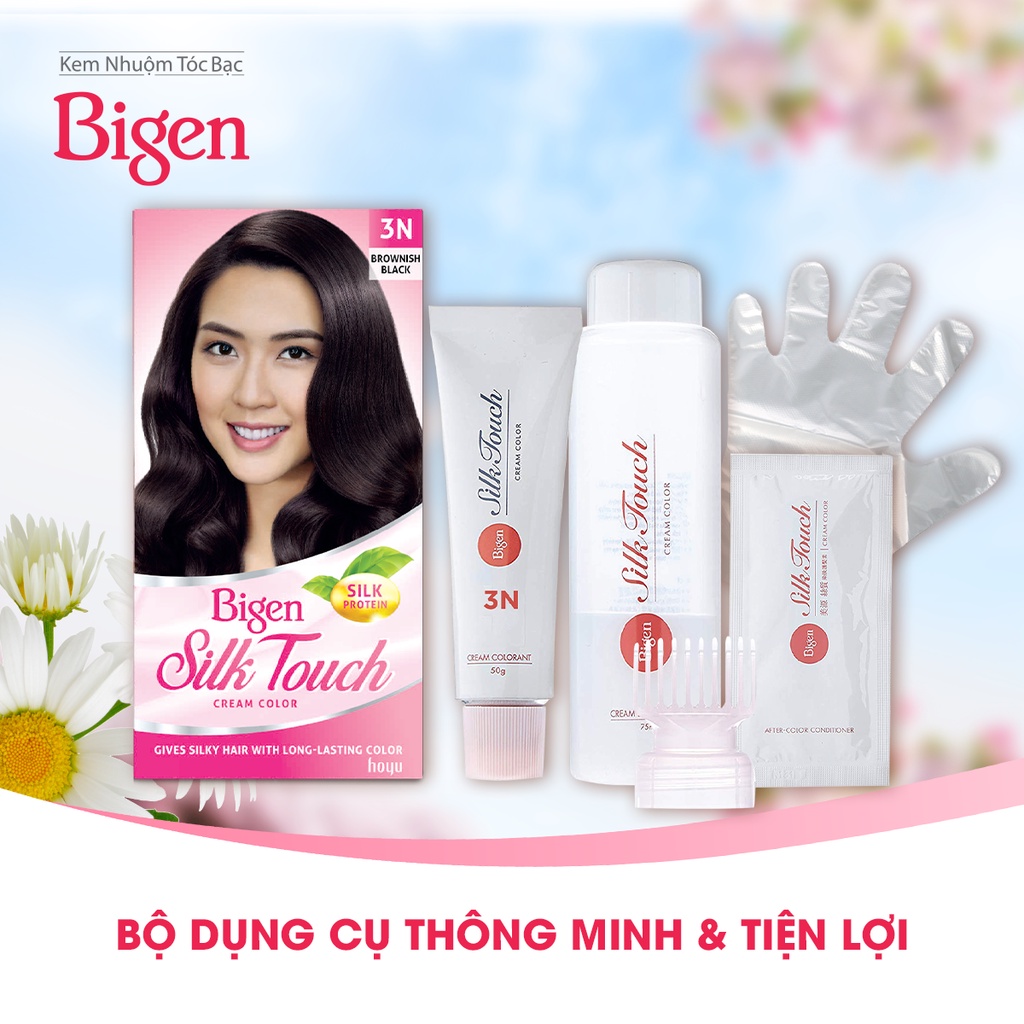 Thuốc nhuộm phủ bạc Bigen Silk Touch 80ml dạng kem, phủ bạc hoàn toàn, dưỡng tóc mềm mượt, màu trẻ trung