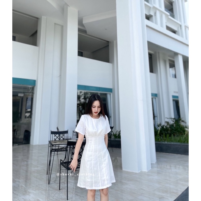 SHU SHI - Đầm Linen Cổ Tròn Ghép Mảnh ( ảnh chính chủ )