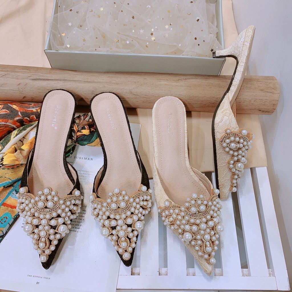 DÉP NỮ SHU STORE - DÉP SỤC THỜI TRANG NỮ BÍT MŨI ĐÍNH HẠT NGỌC GÓT NHỌN
