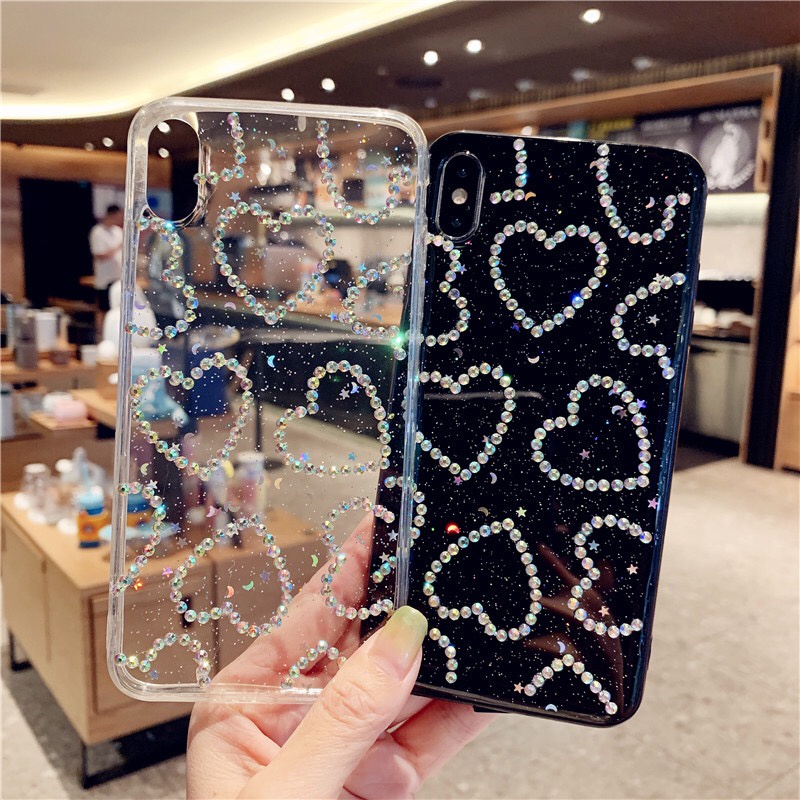 Ốp Điện Thoại Họa Tiết Trái Tim Đính Đá Lấp Lánh Dành Cho iPhone12 11pro 13promax X XS XR XS Max 6 6S 7 8 Plus