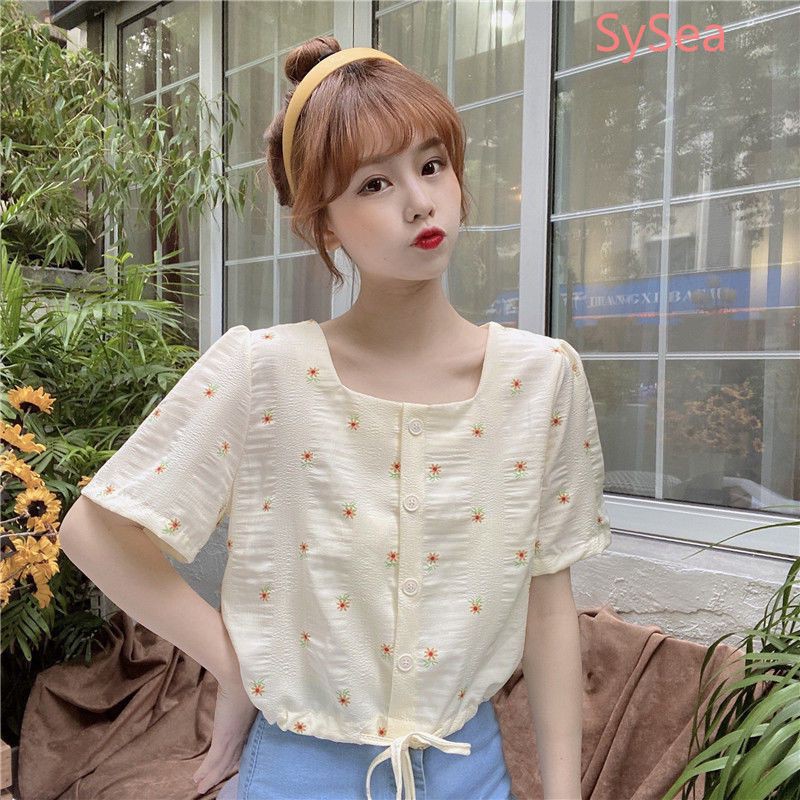 áo kiểu tay ngắn cổ vuông rút eo