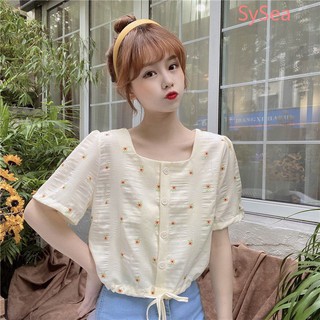 áo kiểu tay ngắn cổ vuông rút eo