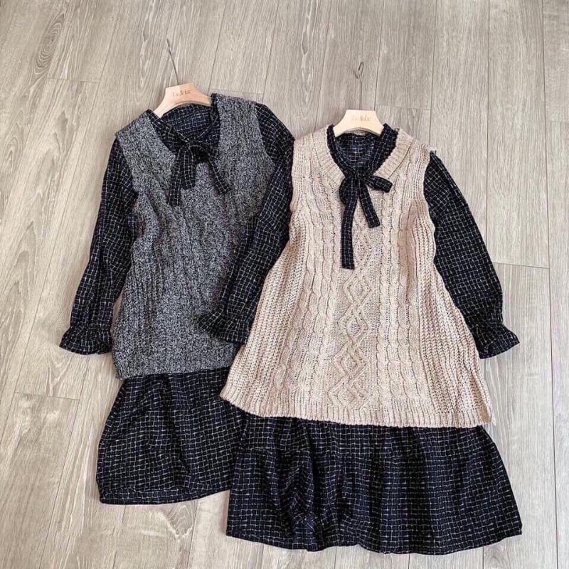 Set len áo yếm dài mix váy dạ nơ chân bèo tiểu thư NTN