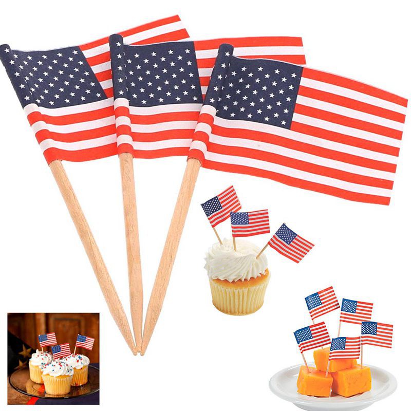 Bộ 100 que tăm đính lá cờ Mỹ mini dùng trang trí bánh cupcake/sandwich