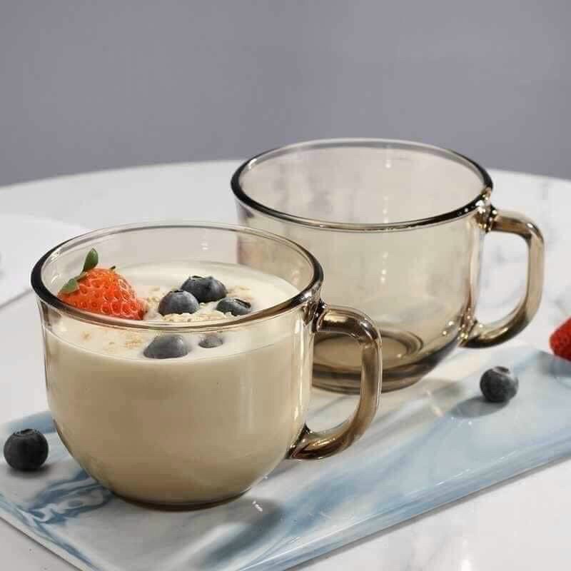 Set 2 ly thủy tinh có quai màu hổ phách, cốc thủy tinh uống sữa ăn salads 470m
