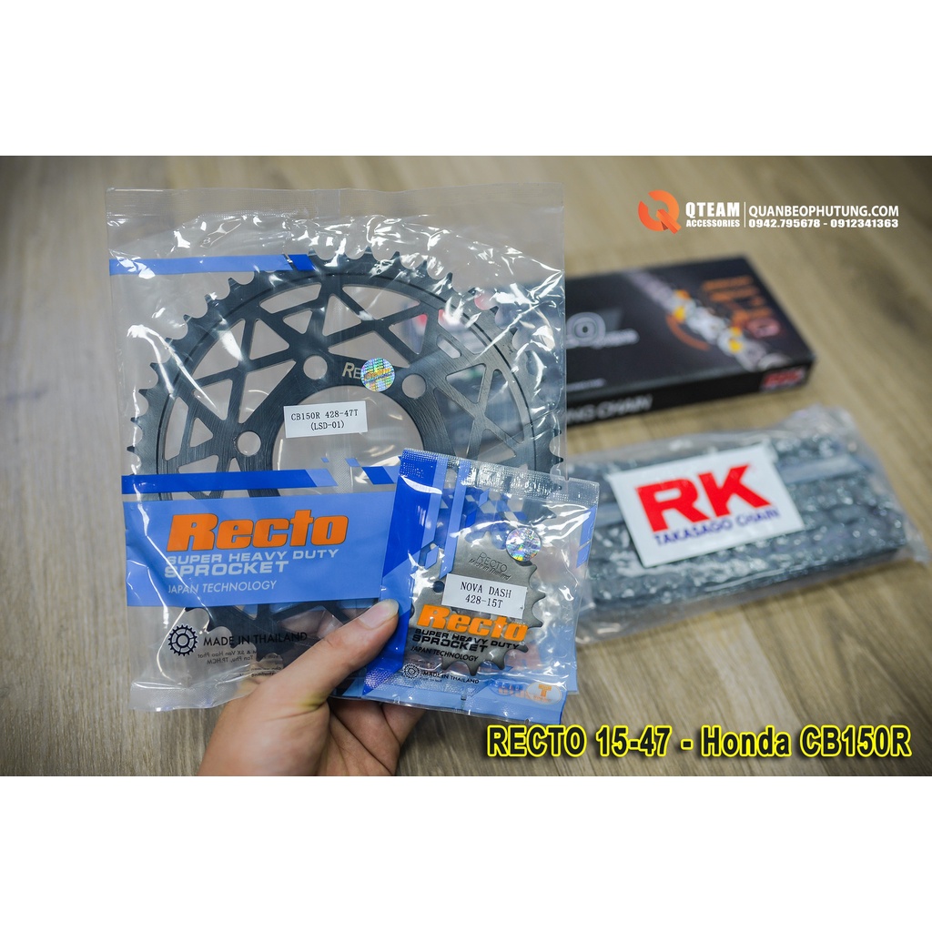 Nhông xích Honda CB150r - CBR150r đến từ thương hiệu Recto, kèm xích RK - X1R có phớt cao su cực êm.