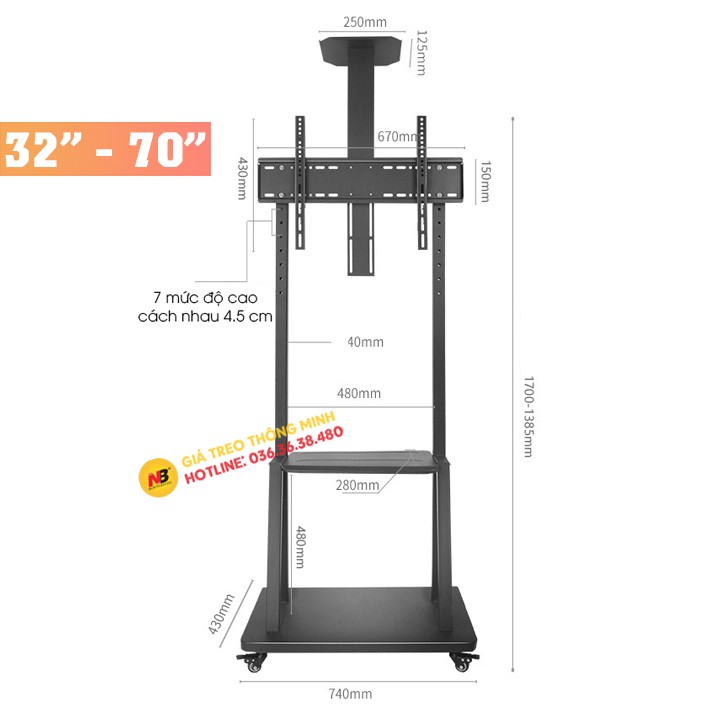 Giá Treo Tivi Di Động 1700A 32 - 65 - 70 Inch - Giá Treo Tivi Có Bánh Xe Di Chuyển [ Đặt Nhiều Thiết Bị Hơn NB AVA1500 ]