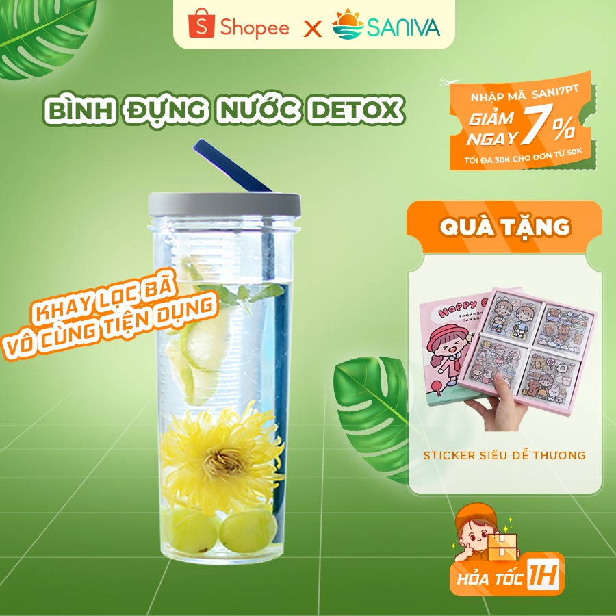 Bình Nước Detox Có Ống Hút Kèm Khay Lọc Trà Chất Liệu Nhựa Trong Suốt Dung Tích 700ml