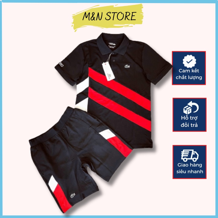 Bộ thể thao nam hè cổ bẻ phối kẻ sọc đỏ trắng chất liệu thun