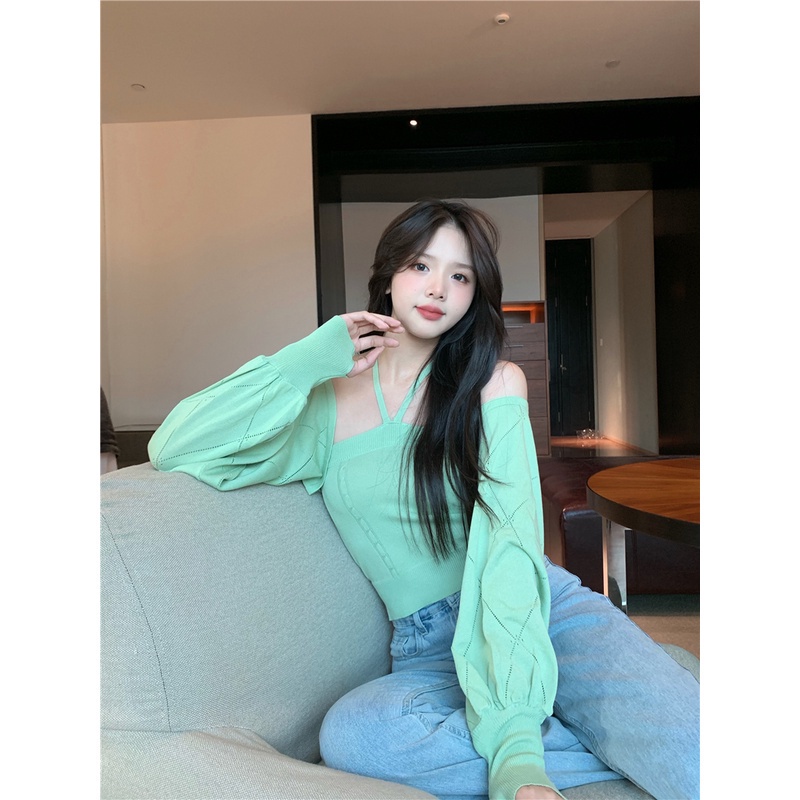 Set áo hai dây + áo khoác cardigan dệt kim phong cách thời trang hàn quốc