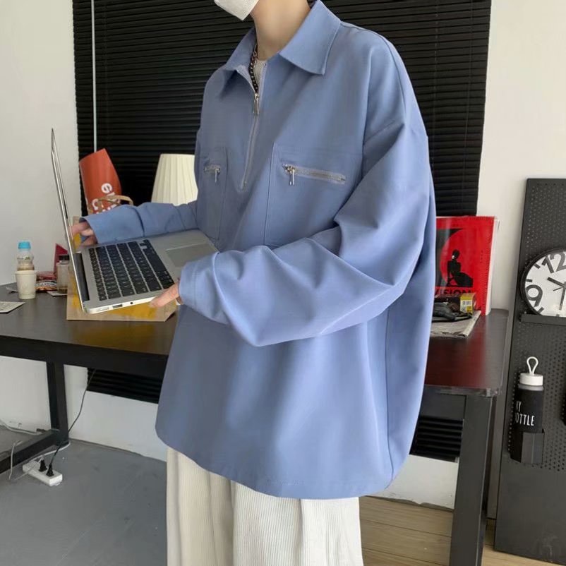 Áo Sơ Mi Cổ Polo Dáng Rộng Màu Trơn Thời Trang Hàn Quốc Cho Nam