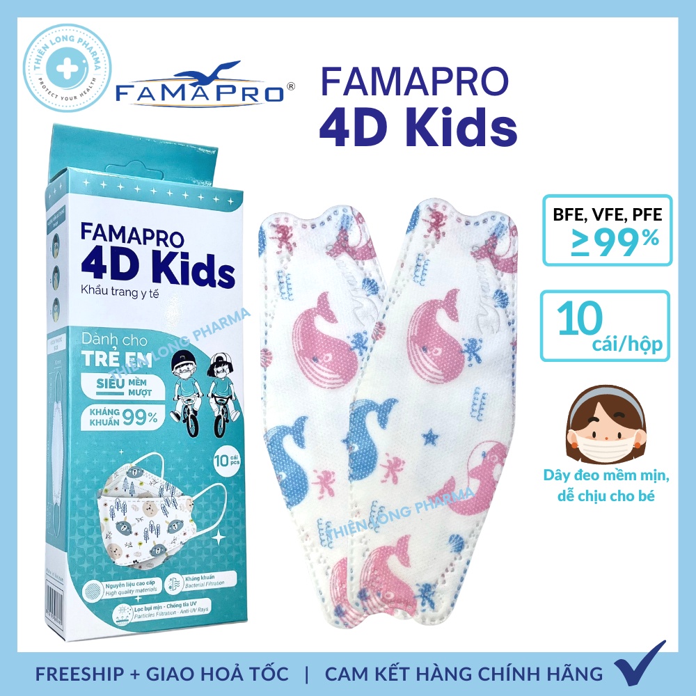 [Hộp 10 cái] Khẩu trang trẻ em KF94 4D Famapro hoạ tiết dễ thương dành cho bé 3 đến 10 tuổi