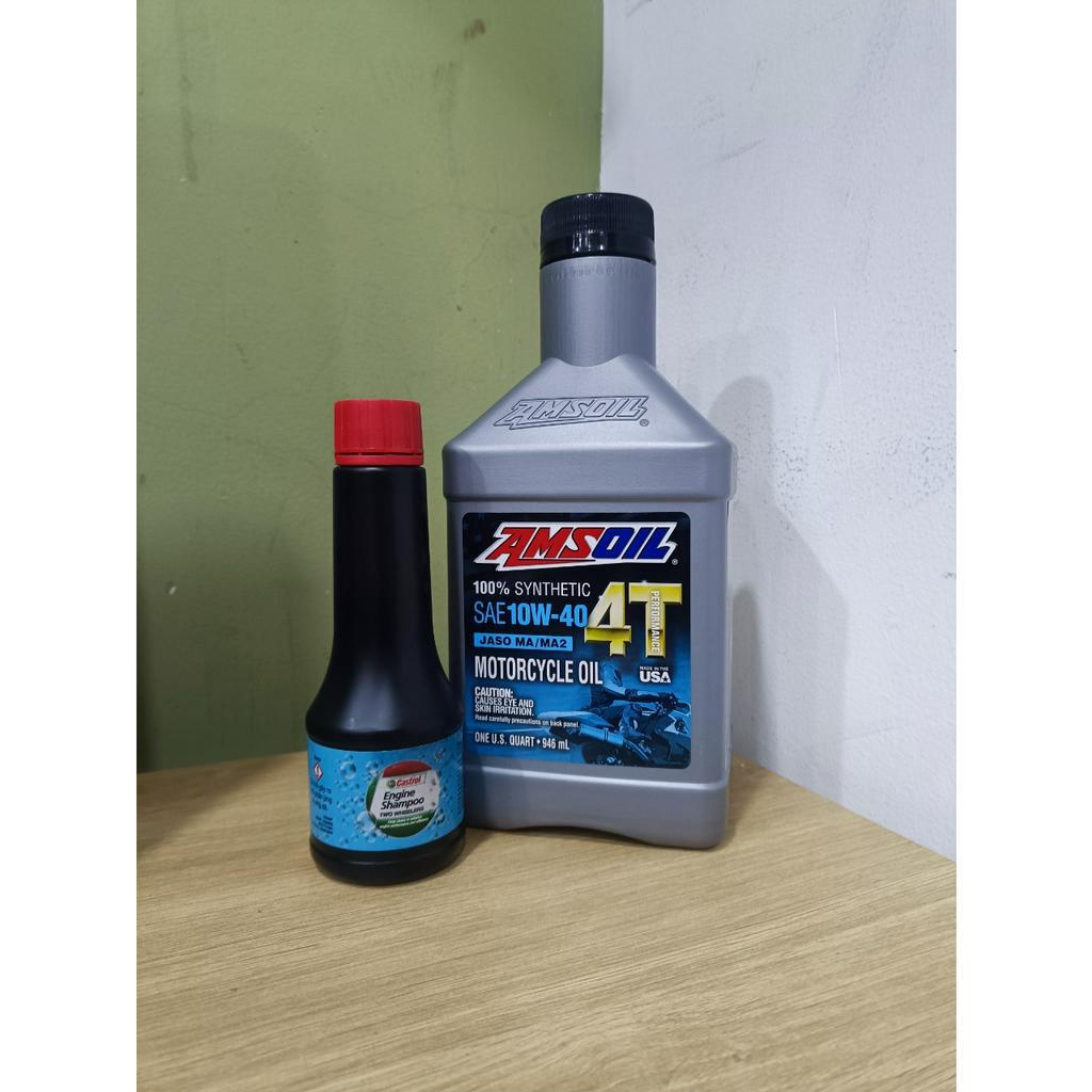 COMBO KM DẦU NHỚT XE SỐ XE CÔN TAY AMSOIL MOTORCYCLE OIL 10W40 4T 946ml/ 0.94L + KÈM Phụ gia CASTROL ENGINE SHAMPOO 70ML