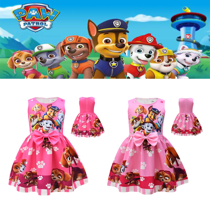 Đầm sát nách đính nơ màu hồng in hình hoạt hình Paw Patrol thời trang dự tiệc hóa trang cho bé gái