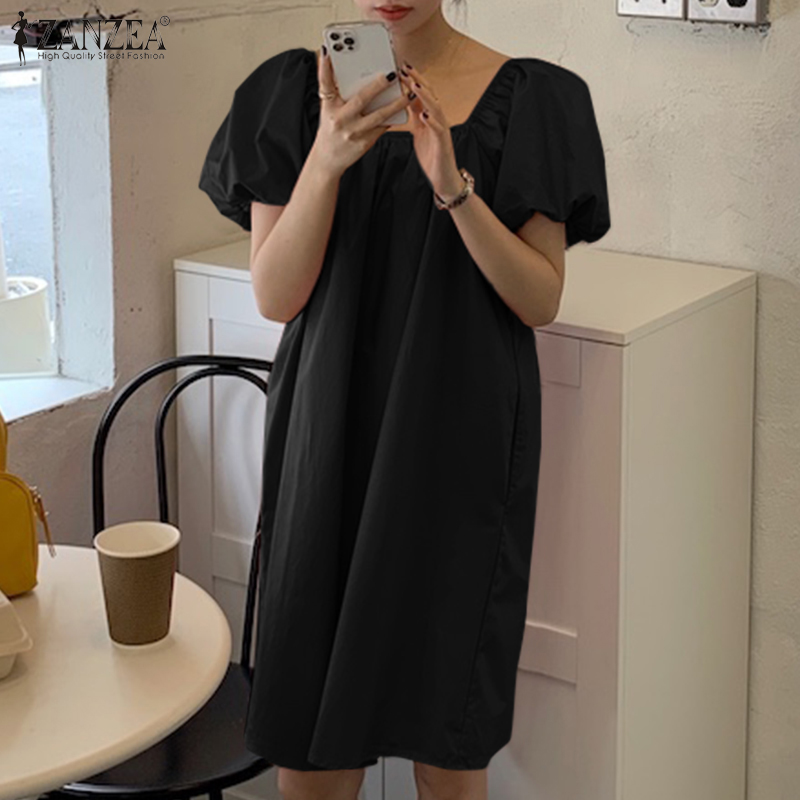 Đầm ZANZEA Tay Ngắn Phồng Cổ Vuông Với Phần Cổ Tay Co Giãn Mini Dành Cho Nữ