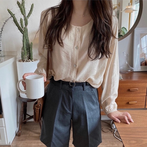 SUXI Áo Sơ Mi Tay Dài Cổ Tròn Màu Sắc Đơn Giản Dễ Phối Đồ Cho Nữ