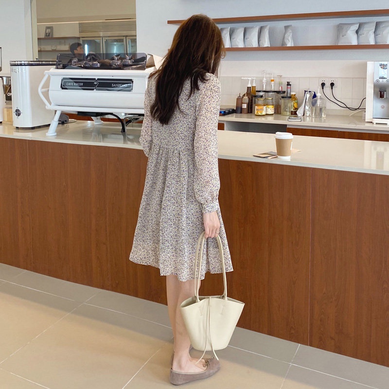 NZN Đầm Hoa Mỏng Tay Dài Chiết Eo Thời Trang Xuân Thu Mới