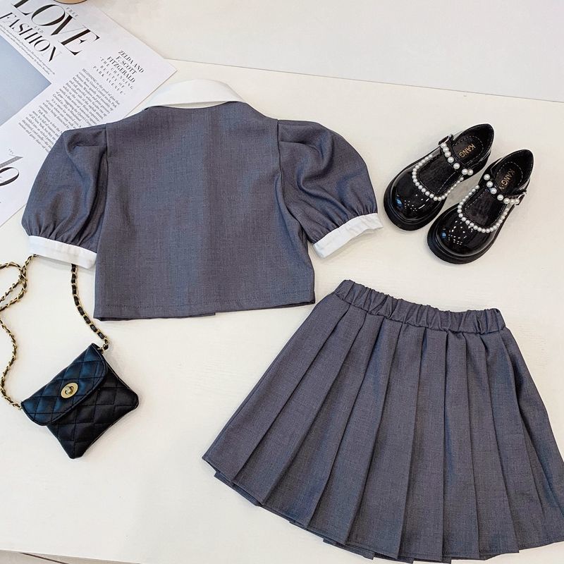 Bộ Áo Sơ Mi Phối Chân Váy Xếp Ly Thời Trang Mùa Hè Cho Bé Gái