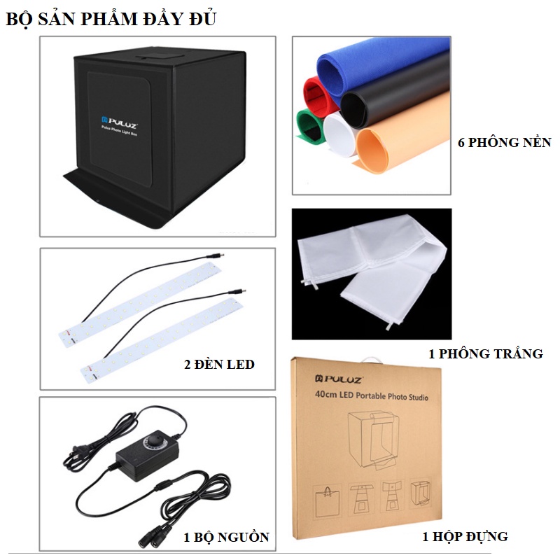 Hộp chụp ảnh sản phẩm 40cm có đèn led chiếu sáng hãng Puluz kèm tặng 6 phông nền