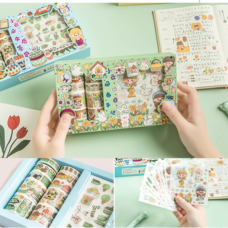 Hộp 10 Cuộn Băng Dính Kèm 10 Tờ Nhãn Dán Trang Trí Thủ Công DIY