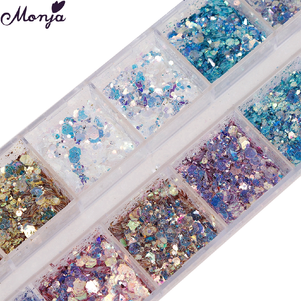 MONJA Hộp sequin hình lục giác 12 ngăn dùng để trang trí móng nghệ thuật