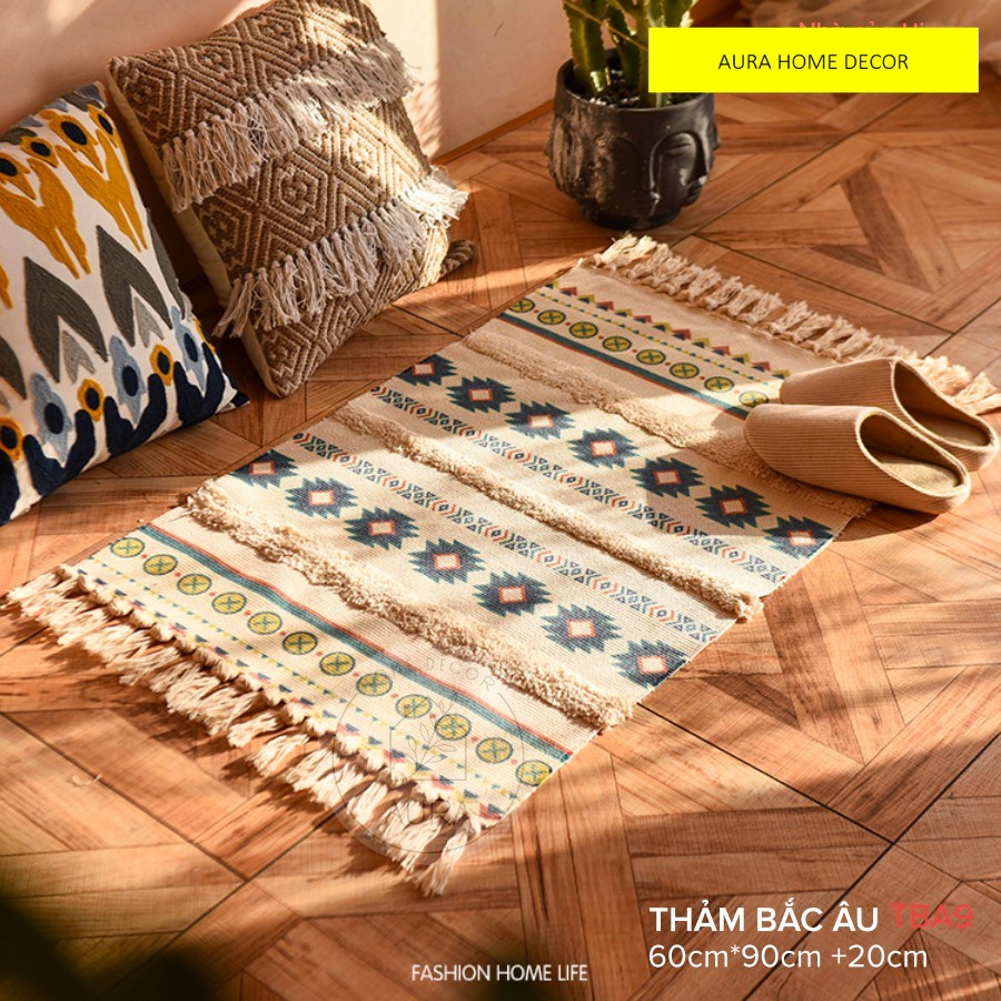 Thảm Thổ Cẩm Trải Sàn Có Tua Rua 60cmx90cm - Vải Canvas - Phong Cách Bắc Âu - Trải Chân Giường,Phòng Khách