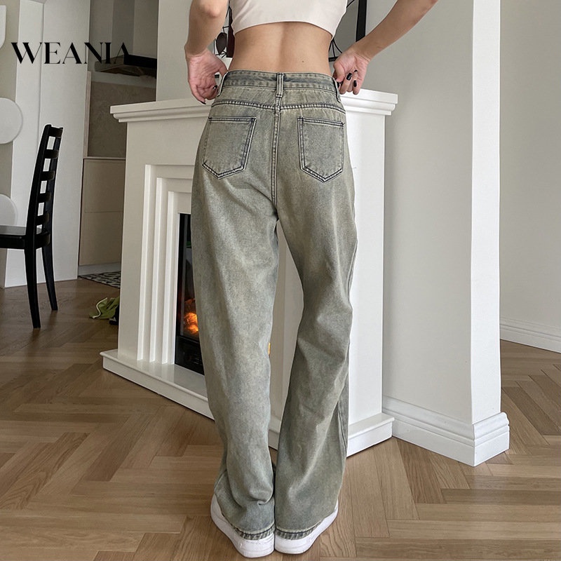 Quần Denim Lưng Thấp Ống Suông Thêu Họa Tiết Phong Cách Vintage Cho Nữ