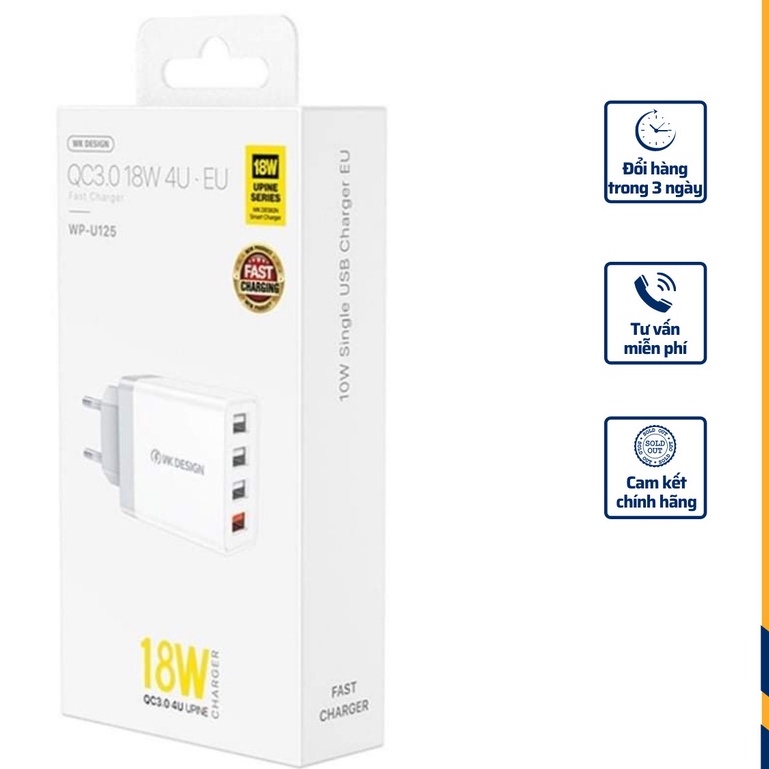 CHÍNH HÃNG  Củ sạc 4 cổng USB QC3.0 4 18W WK WP-U125 Dòng Youpin , sạc Nhanh, Phích Cắm 4 cổng