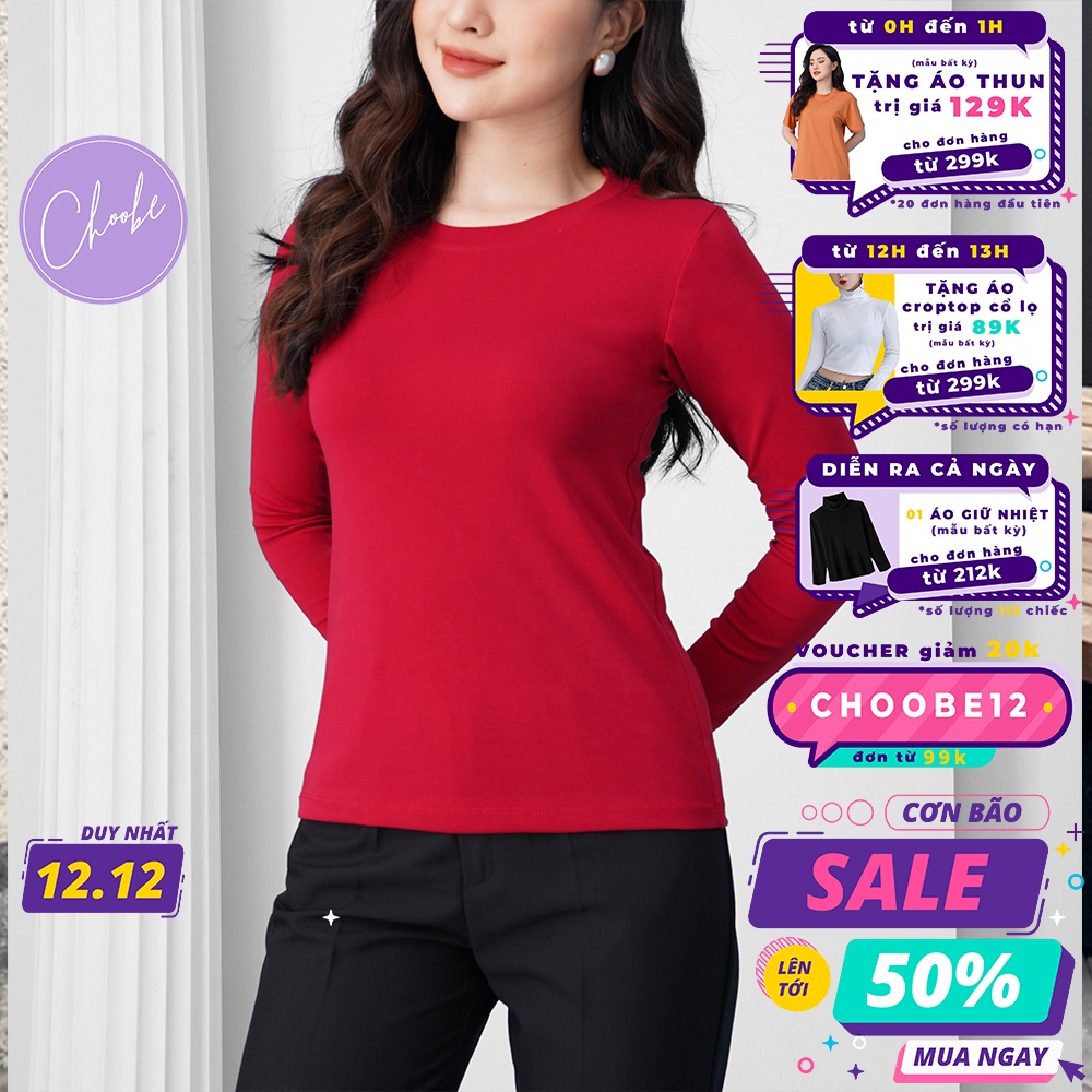 Áo phông nữ Choobe dài tay dáng ôm body thun cotton trơn cổ tròn màu đen trắng đỏ be A38 - HÀNG MỚI VỀ