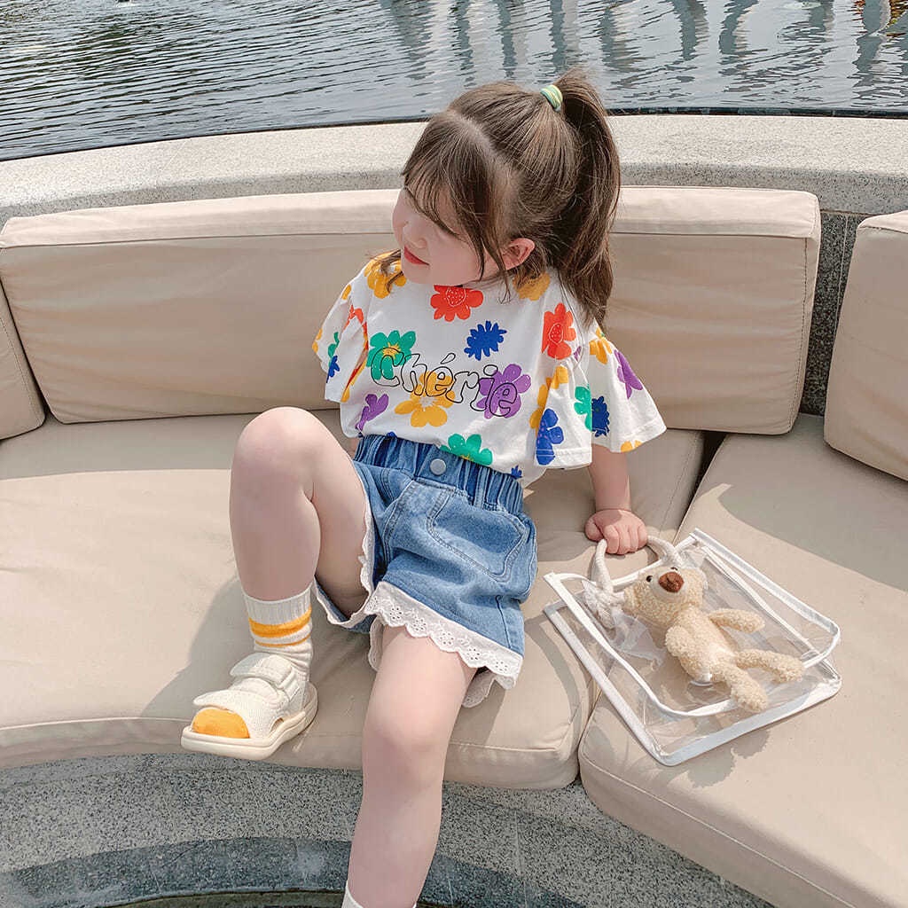 Set Áo Thun Ngắn Tay In Hoa + Quần Short Denim Thời Trang Hàn Quốc Mới Cho Bé Gái