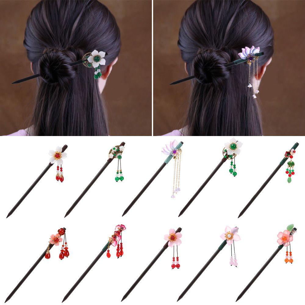 Fudeshe Gỗ mun Tua làm bằng tay Que gắp tóc Phong cách cổ điển Hoa Kẹp tóc Dụng cụ tạo kiểu tóc Phụ kiện tóc tinh tế