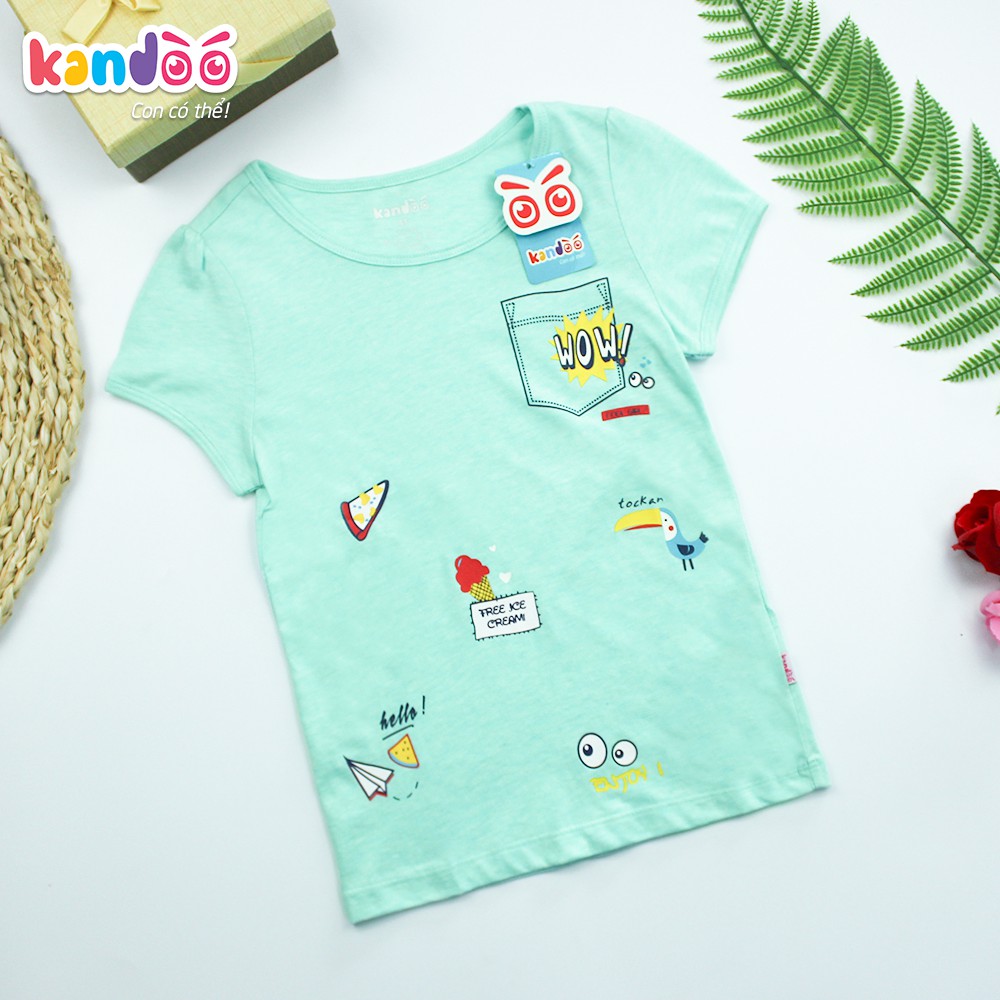 Áo T-shirt bé gái KANDOO màu xanh, in hình đáng yêu thoải mái hoạt động, 100% cotton cao cấp mềm mịn - DGTS1737