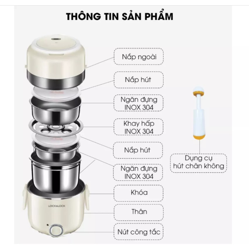 Hộp cơm điện Lock&Lock EJR226IVY 2 Lít - Hàng chính hãng, nấu hoặc hâm nóng, kèm dụng cụ hút chân không - JoyMall