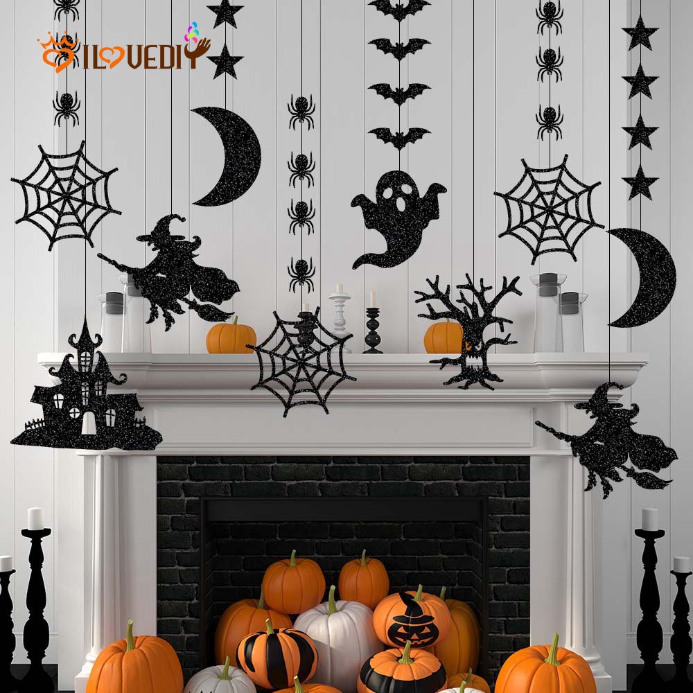 Set 6 Phụ Kiện Trang Trí Tiệc Halloween Bằng Giấy Đen Hình Nhện / Hoa Kinh Dị