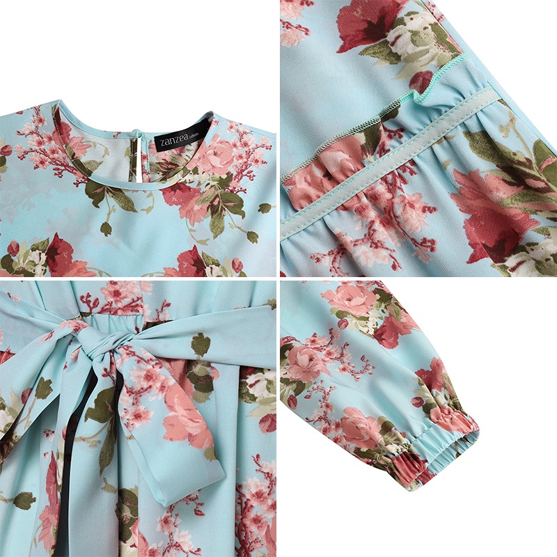 Đầm Hồi Giáo ZANZEA dáng dài cổ tròn dài tay xếp tầng in hoa phong cách vintage cho nữ