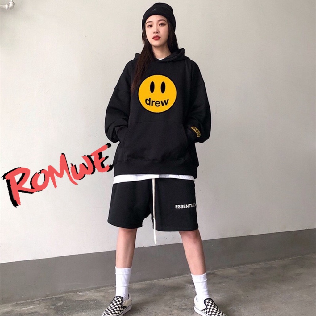 Áo nỉ nam romwe dài tay DREW in mặt cười có mũ màu trắng,đen,be,vàng hoodie dày mặc thu đông