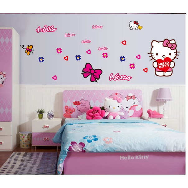 Decal dán tường phòng ngủ [FREESHIP] màu hồng Combo Kitty dễ thương Amyshop