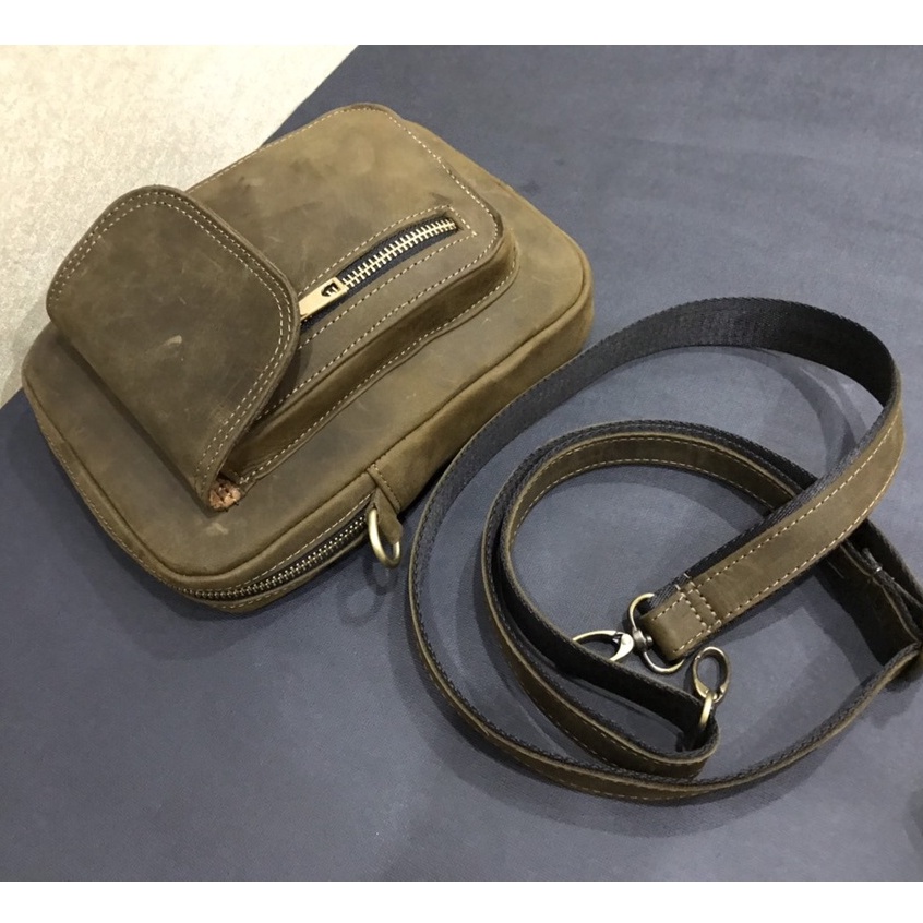 Túi đeo chéo da bò nguyên miếng Handmade, Túi bao tử nam nữ da bò sáp ngựa điên BH da 10 năm - Bụi Store