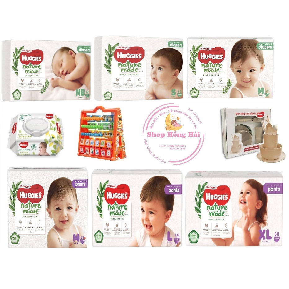 (có quà) Bỉm cao cấp Huggies platinum Nature made size M58/L44/XL 38/XXL26/S82/NB60