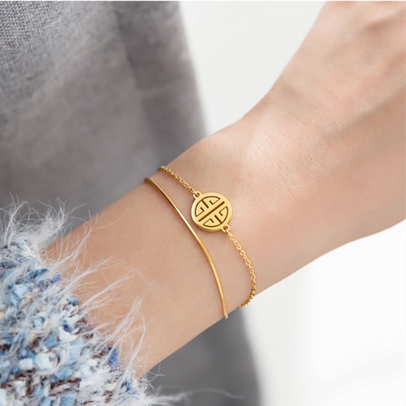 Lắc tay nữ TITAN NGUYÊN CHẤT vòng tay nữ mạ vàng 18k KHÔNG GỈ mặt chữ phúc trang sức titan thời trang mẫu mới 2021