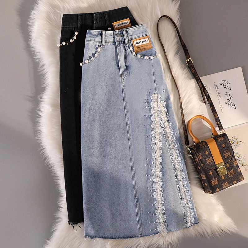 Denim skirt women's spring / summer 2022 new high waist medium length hip covering slim nail bead split A-shaped Hip Wrap Skirt