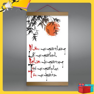 Tranh canvas thả nẹp gỗ chữ “Nhân – Lễ – Nghĩa- Trí -Tín” W3984