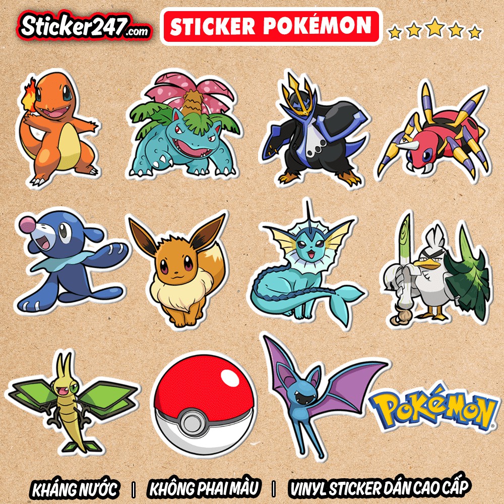 Sticker poke.mon 𝑭𝒓𝒆𝒆𝒔𝒉𝒊𝒑 hình dán hoạt hình chống nước, dán laptop, điện thoại, đàn guitar, mũ bảo hiểm, vali, ipad