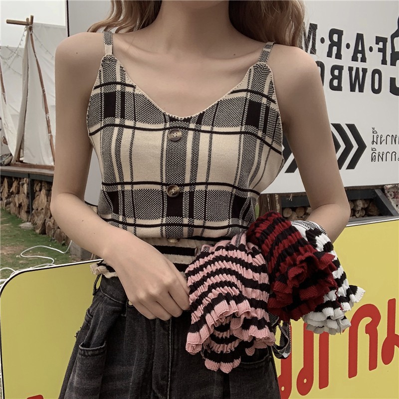 Áo Hai Dây Cổ Chữ V Họa Tiết Kẻ Ca Rô Gợi Cảm
