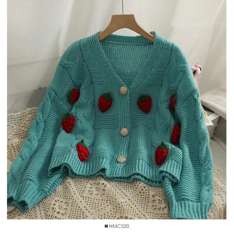 Áo Khoác Cardigan Thêu Hình Quả Dâu Mới