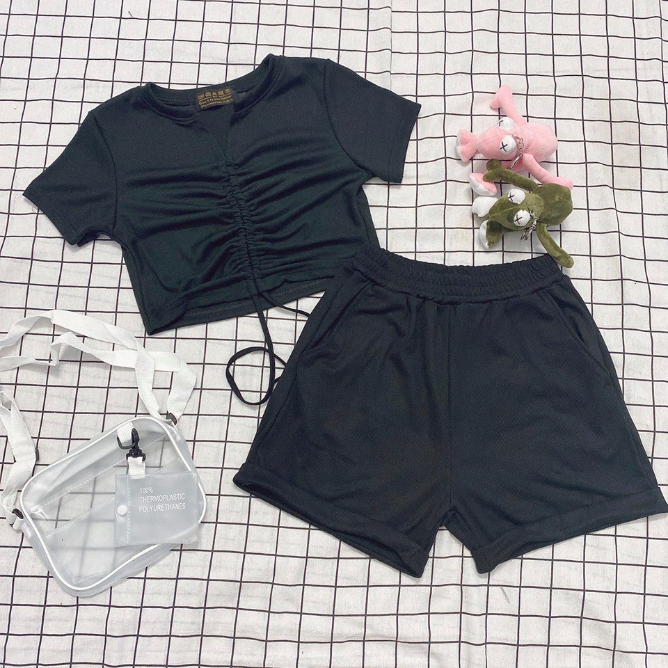 Set Áo Croptop dây rút + short ngắn YAYSHOP chất thun gân năng động (có hình thật trải sàn)