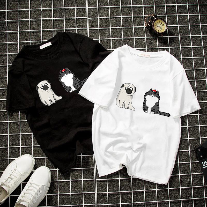 Áo thun unisex form rộng mèo hoàng thượng và chó pug vải dày mịn 2019T2105