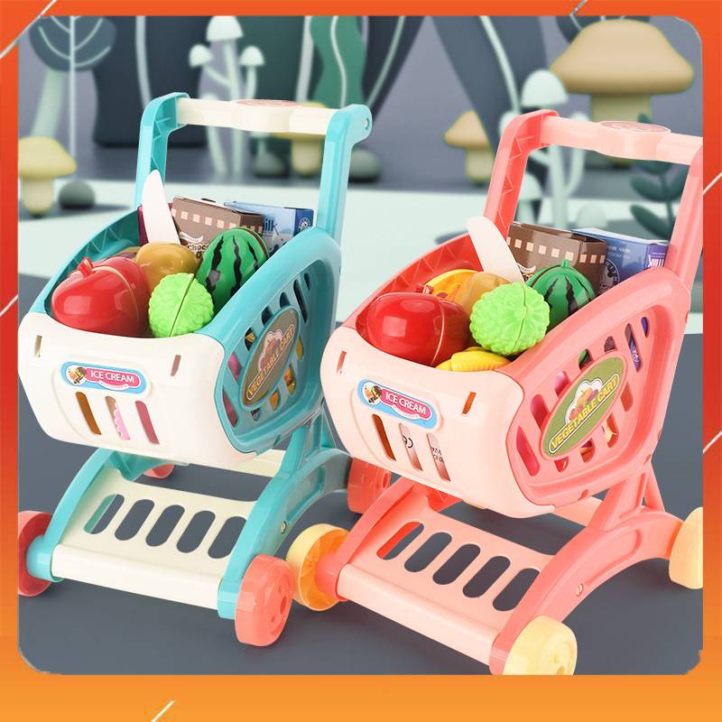 ( Kèm đồ chơi) Xe đẩy siêu thị mini bằng nhựa đáng yêu cho trẻ em