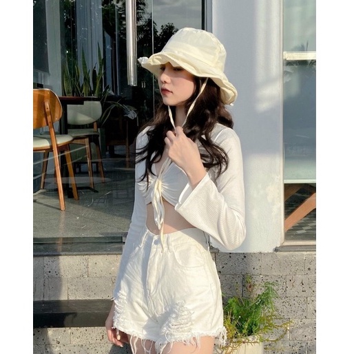 Áo Croptop Tay Dài RANSHI Áo Dài Tay Khoen Ngực Cổ Chữ V Vải Thun Mềm Mịn Thấm Hút Mồ Hôi - RA061